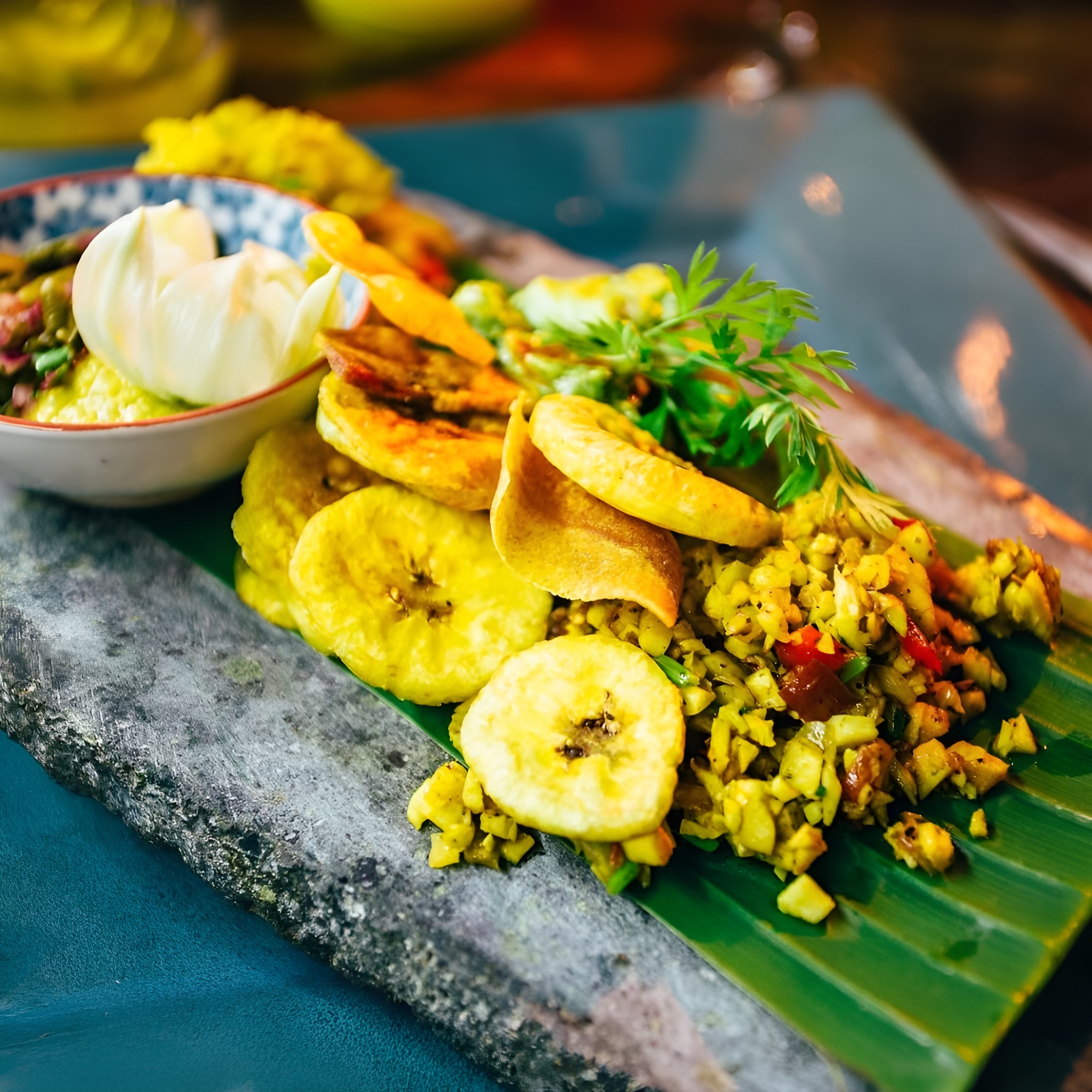 Crispy plantain dish with organic rice from the farm