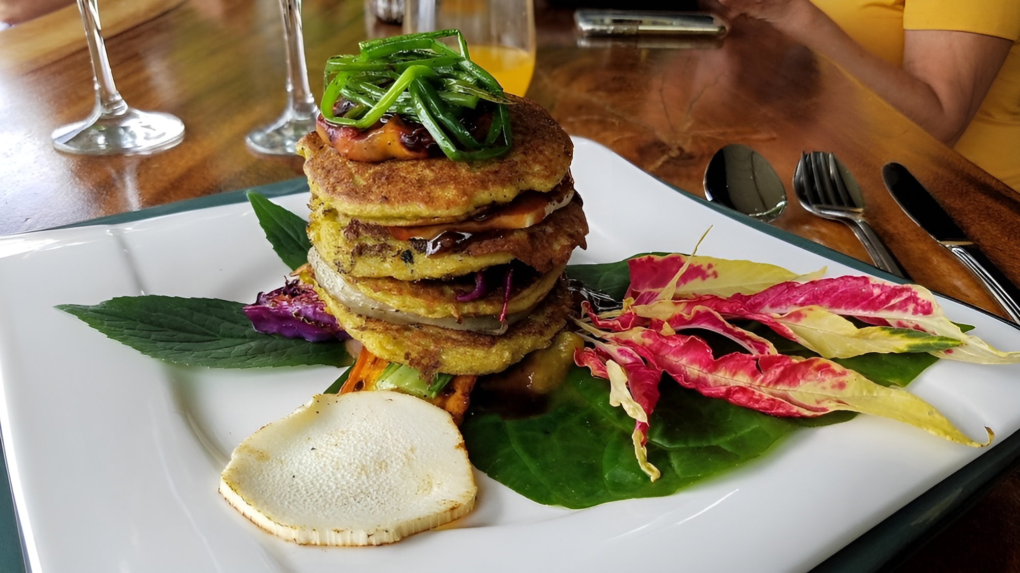 Artistically stacked tropical vegetable tower by Chef Jazmin
